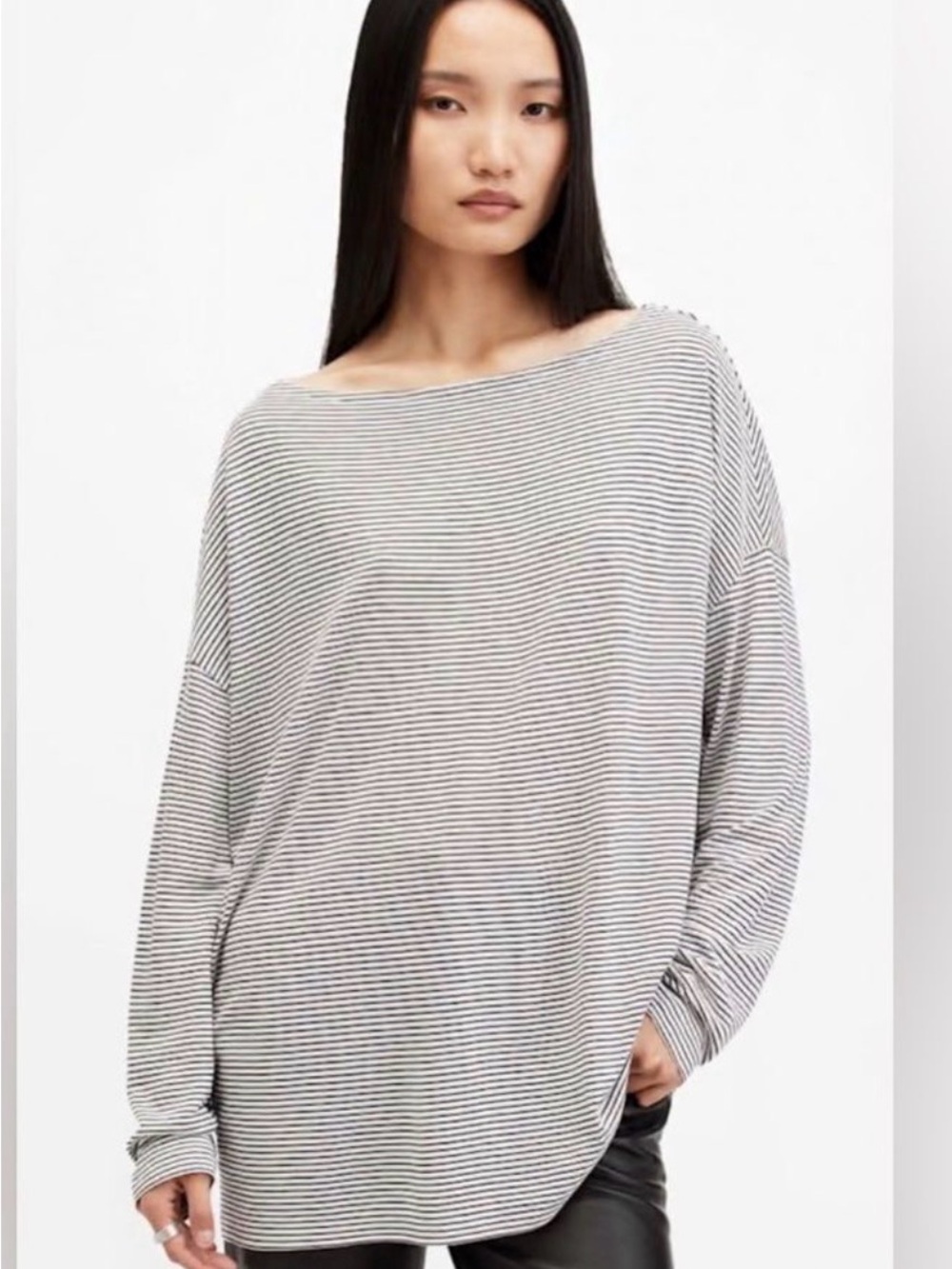 Allsaints Size S Rita Relaxed Oversized Striped Cotton T-Shirt Top long sleeve